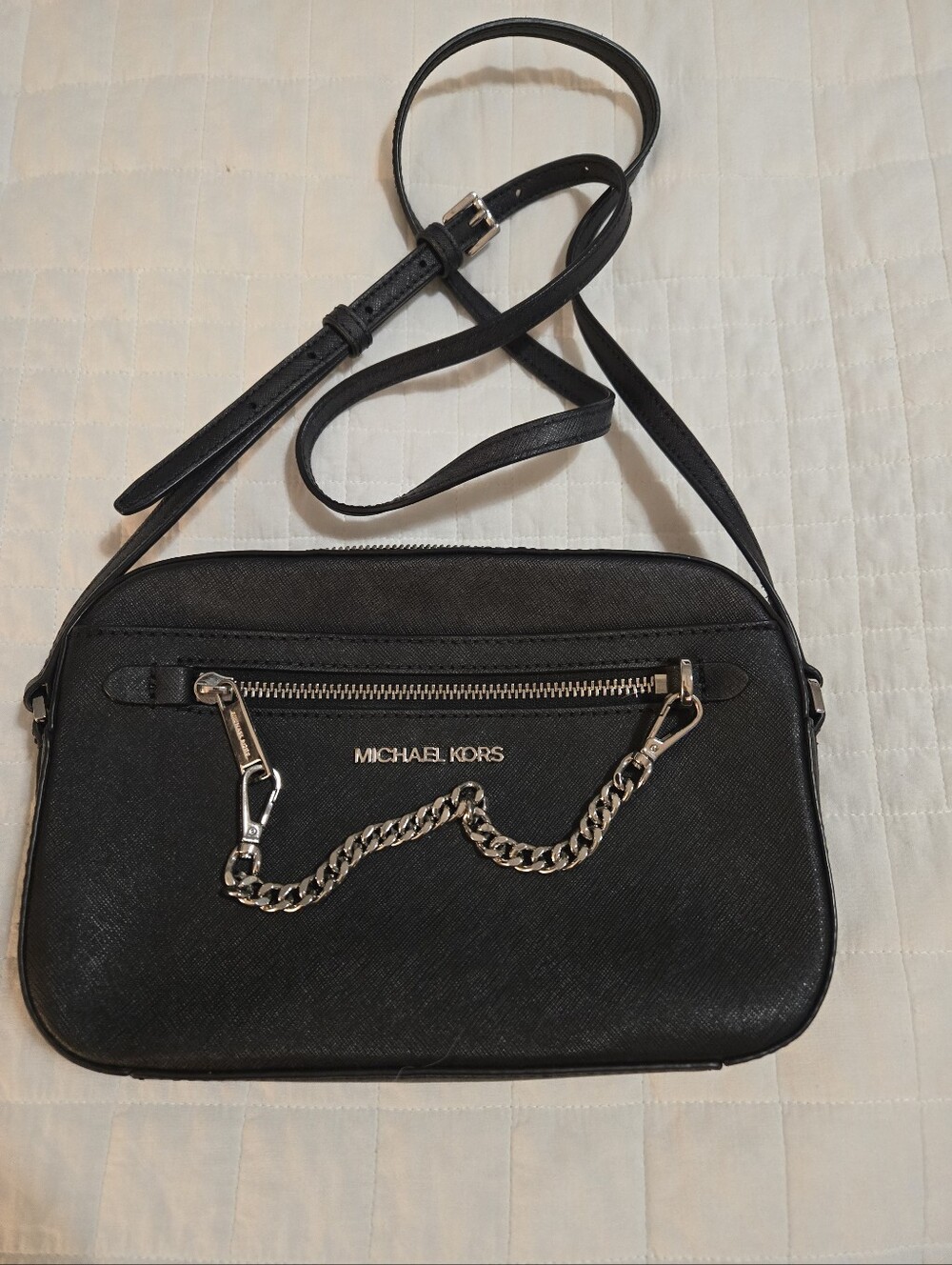 MICHAEL KORS Jet Set Large Black Saffiano Leather Crossbody with Silver Chain